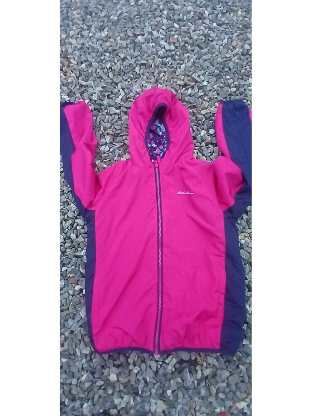 Eddie Bauer Girls Pink & Navy Hooded Reversible Jacket szM 10/12.